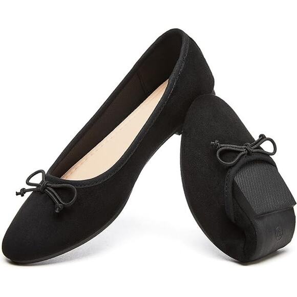 Womens Black Faux Suede Ballet Flats Bow Detail Classic Preppy Minimalist 8.5 - Picture 1 of 8
